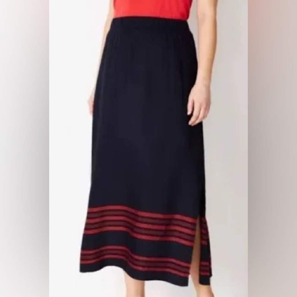 J Jill Maxi Skirt Linen Blend LagenLook Black‎ Red Stripe Side Slits Womens Med